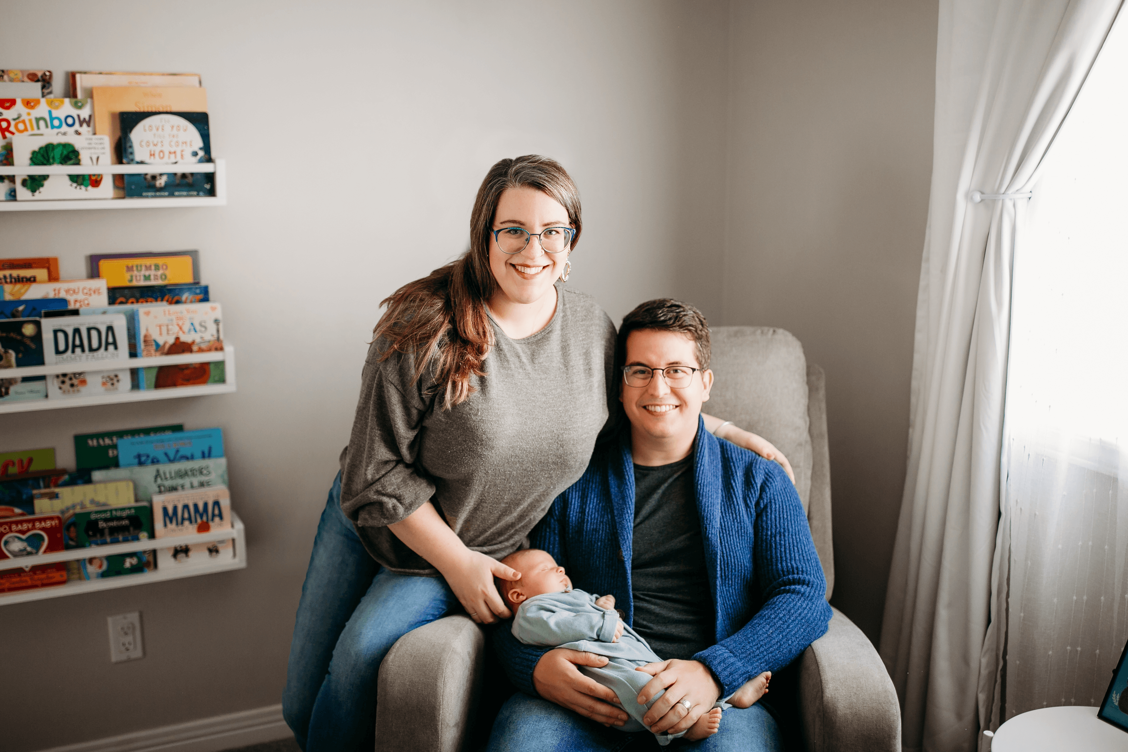 Brandon Bay and Rachel with newborn Simon in the nursery at home