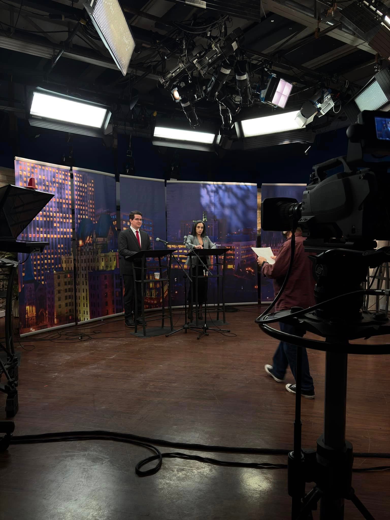 Brandon Bay at a Rogers TV debate during the 2025 provincial campaign