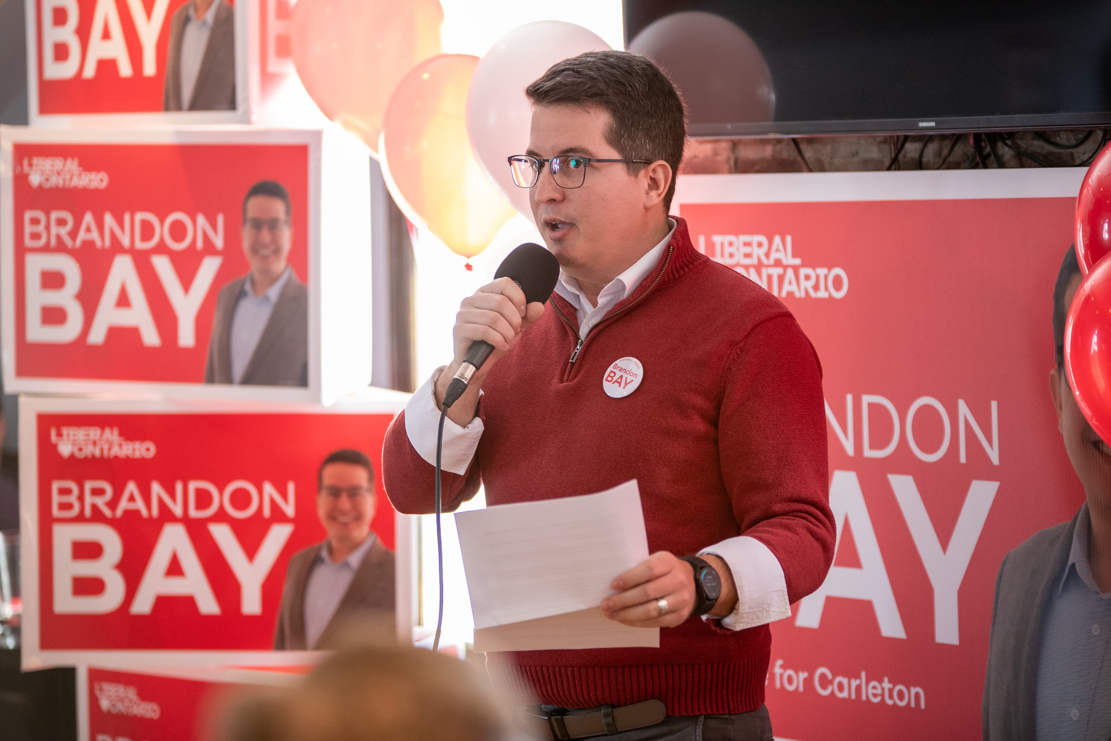 Brandon Bay addressing supporters at campaign launch