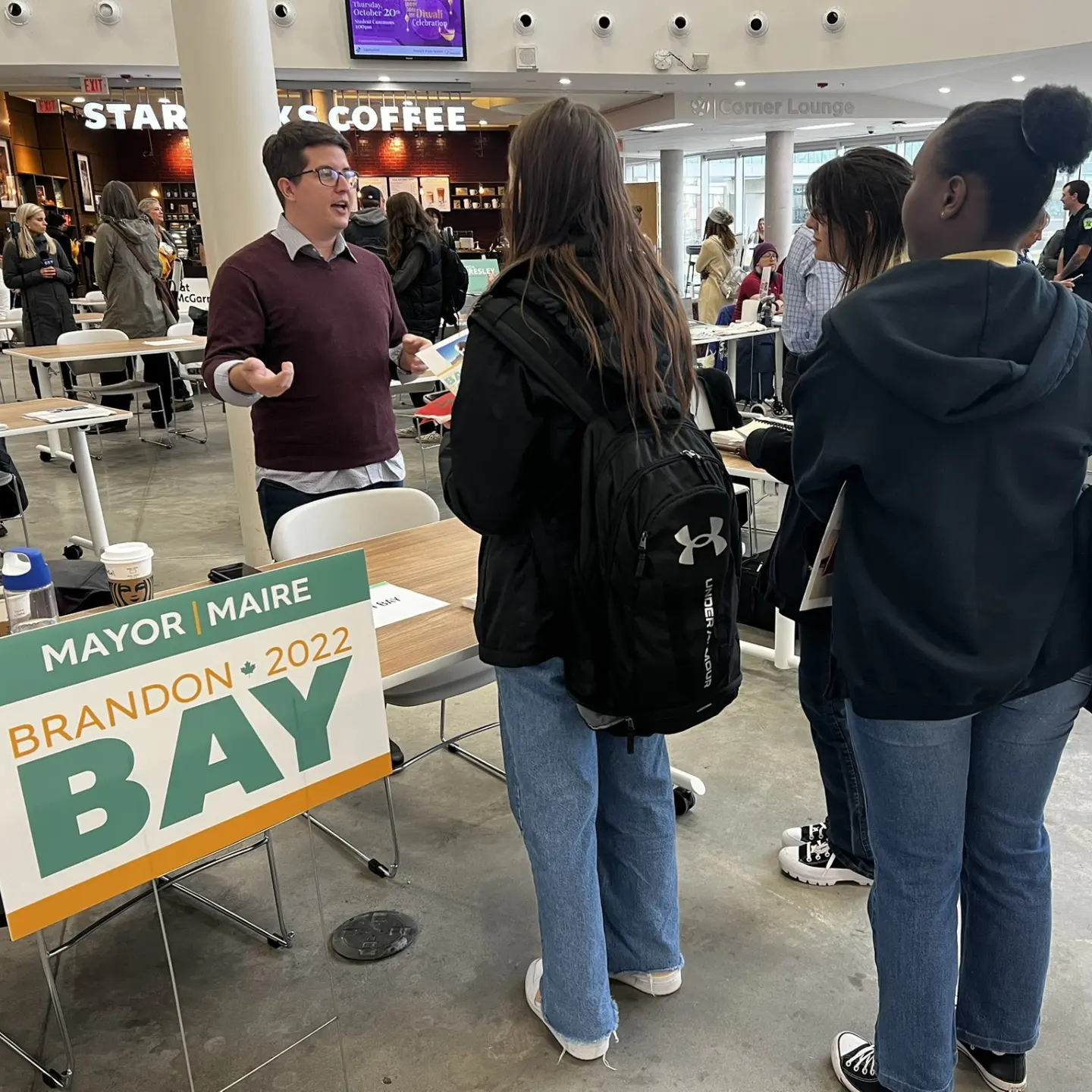 Brandon Bay at Algonquin College during the 2022 mayoral campaign